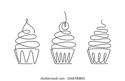 Vector desserts set. Muffin cupcake cake one line continuous drawing illustration. Hand drawn linear doodle icon. Outline design for print, banner, card, wall art poster, brochure.