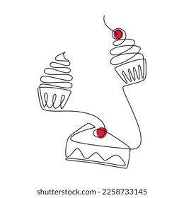 Postres vectoriales. Muffin, quequitos, torta, tarta de queso, una línea de ilustración continua. Icono lineal dibujado a mano. Diseño de esquema para impresión, banner, tarjeta, cartel artístico mural, folleto, menú, logotipo.