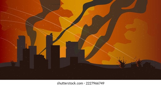 Vector of the destroyed city on fire. Missiles, destroyed houses, explosions fly