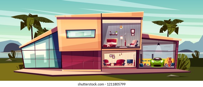 Vector detached house with cross section between palms. Front view of cartoon multistorey private building, modern villa cottage with garage. Furniture in living room, bedroom. Architecture background