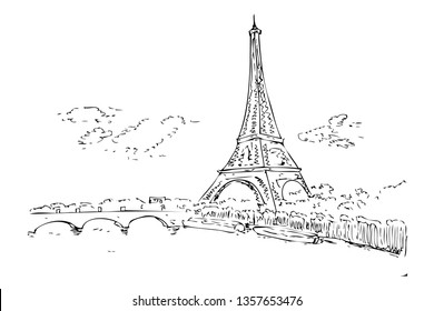 Vector Detail Black and white Manual Sketch Eiffel Tower cloud and gate at Paris 
