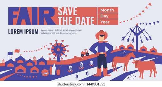 Vector detail illustration of State Fair. Event poster with food market, ferris wheel, farm animals, country fair. Design template for invitation, landing page, banner, print, flyer. Save the date.