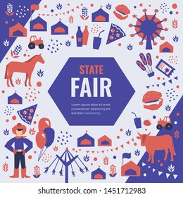 Vector detail illustration of State Fair. Event poster with food market, ferris wheel, farm animals, country fair. Design template for banner, brochure, invitation, landing page, print, flyer, advert.