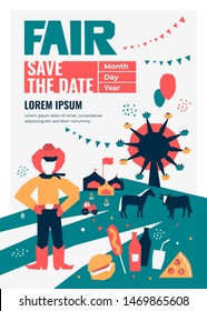 Vector detail illustration of State Fair. Event poster with food market,ferris wheel, farm animals, farmer,country fair. Design template for invitation,landing page, banner,print, flyer. Save the date