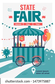 Vector detail illustration of State Fair. Event poster with food market, ferris wheel,fast food store on wheels,cart with drink,burger, pizza, popcorn. Template with date and place for banners, prints