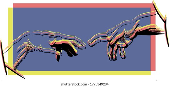 Vector detail of Michelangelo outlined in black with pop background in blue yellow and red