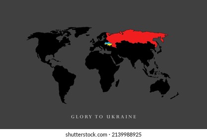 Vektorgrafik detailliert Weltkarte. Isolierte Ukraine und russische Konfrontation. Konzept des Landsitzes. Schwarz-Grau-Design.