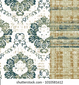 Vector, detailed abstract texture or grunge ;  For art texture, vintage, ethnic , modern damask pattern ,checked ,  carpet, rug,  scarf, clipboard , shawl pattern.
colors are green and gold 
