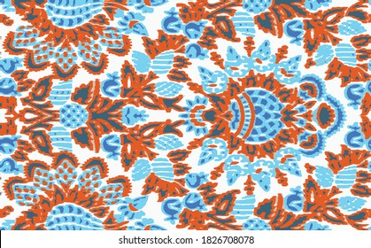 Vector, detailed abstract texture or grunge ;  For art texture, vintage, ethnic , modern damask seamless ikat pattern , carpet, rug,  scarf, clipboard , shawl pattern.
colors blue, terra cotta, white 