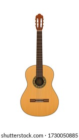 Vector detailed acoustic guitar with wood texture and brush for sound hole isolated on white background. Vector illustration. Classical guitar