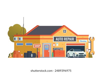 Vektorgrafik Detaillierte Autoreparatur oder Autoservice Garagengebäude flache Design-Illustration