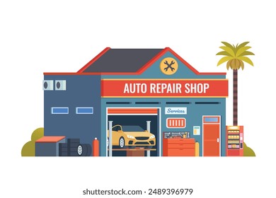 Vektorgrafik Detaillierte Autoreparatur oder Autoservice Garagengebäude flache Design-Illustration