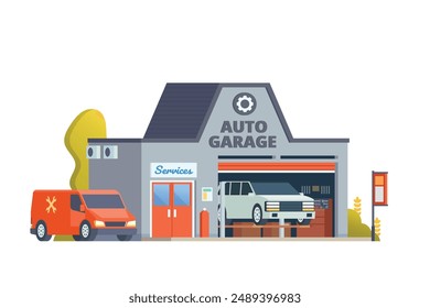 Vector detailed auto repair or car service garage building flat design illustration