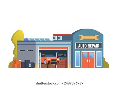 Vector detailed auto repair or car service garage building flat design illustration