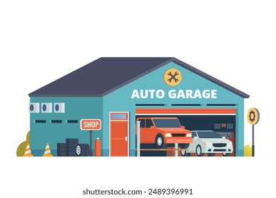 Vector detailed auto repair or car service garage building flat design illustration