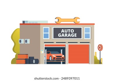 Vector detallado auto reparación o servicio de coche garaje edificio plano diseño ilustración