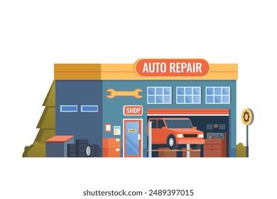 Vector detailed auto repair or car service garage building flat design illustration