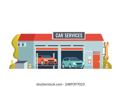 Vector detallado auto reparación o servicio de coche garaje edificio plano diseño ilustración