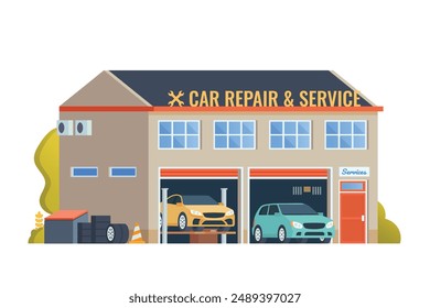 Vector detailed auto repair or car service garage building flat design illustration