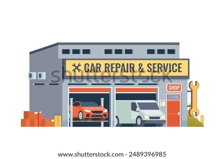 Vector detailed auto repair or car service garage building flat design illustration
