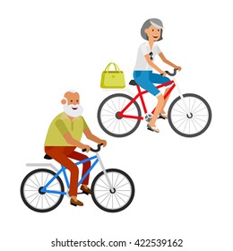 vector detailed character Active  senior, age travelers. Old age retired tourists couple. Elderly people having summer vacation, tourists riding on a bicycle