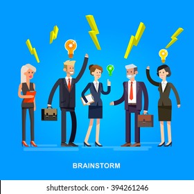 Vector detailed character . Business concept brainstorming team, moves to success team of work management on big idea, people organization of startup process