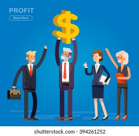 Vector detailed character businessman. Business concept, team moves to success. Leader and victory, profit money