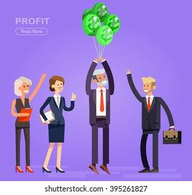 Vector detailed character businessman. Business concept, team moves to success. Leader and victory, profit money