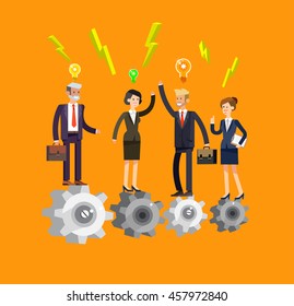 Vector detailed character businessman and businesswoman pieces of company mechanism. Business concept, team turn up cog wheel gear infographic