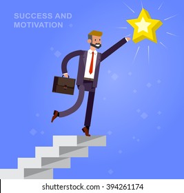 Vector detailed character businessman climbed the stairs and reaching for a star . Business concept career growth job change. Web vector illustration