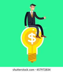 Vector detailed character businessman found a great idea. Concept web vector illustration