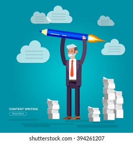 Vector detailed character businessman with pencil rocket. Graphic Design, Copywriting and creative. Conceptual web, flat, metaphor illustration