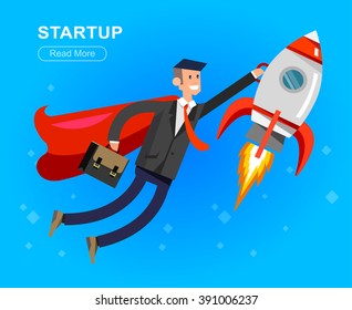 Vector detailed character businessman with startup. Flat style website banner startup concept web infographics. Rocket fly with business hero