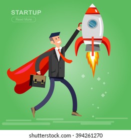 Vector detailed character businessman with startup. Flat style website banner startup concept web infographics. Rocket fly with business hero