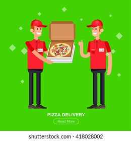Vector detailed character, cool flat  illustration cartoon pizza delivery guy