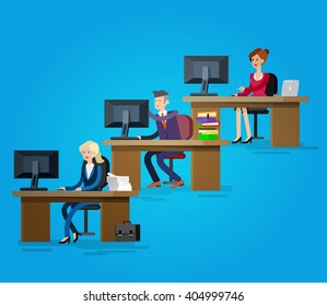 Vector detailed character corporate business team people  sitting behind desk. Office workers. Men and women, cool flat  illustration