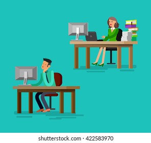 Vector detailed character corporate business team people  sitting behind desk. Office worker. Men and women, cool flat  illustration. Vector business Office worker character 