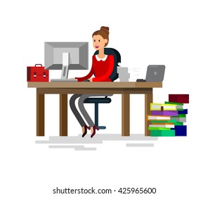 Vector detailed character corporate business team people  sitting behind desk. Office worker. Women, cool flat  illustration