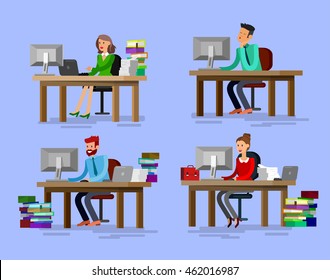 Vector detailed character corporate business team people sitting behind desk. Office worker, Men and women
