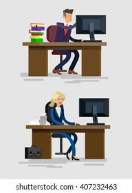 Vector detailed character corporate Office worker, business team people sitting behind desk.