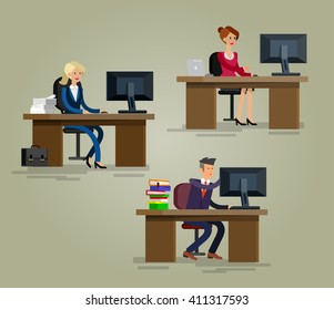 Vector Detailed Character Corporate Office Worker, Business Team People Sitting Behind Desk