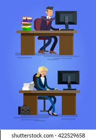 Vector detailed character corporate Office worker, business team people sitting behind desk