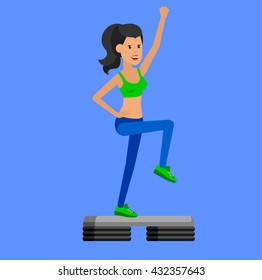 Vector detailed character Fit and step fitness workout. Happy and sporty woman. illustration. Woman goes in for sports, step training 