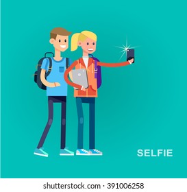 Vector detailed character flat design children students boy and girl make selfie. Kids  smiling holding Gadgets and backpacks. Primary or elementary school 