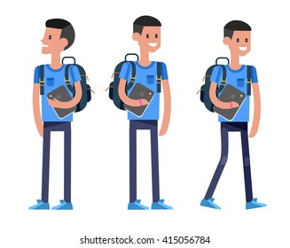 Vector detailed character flat design child students. Kids  smiling holding Gadgets and backpacks. Primary or elementary school 