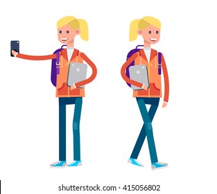 Vector detailed character flat design child students. Kids  smiling holding Gadgets and backpacks. Primary or elementary school 