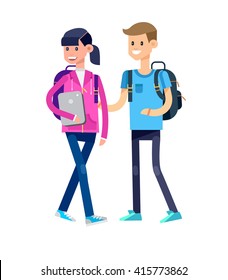 Vector detailed character flat design children students boy and girl. Kids  smiling holding Gadgets and backpacks. Primary or elementary school