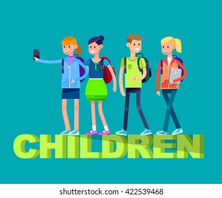 Vector detailed character flat design children students boy and girl. Schoolchildren, Kids  smiling holding Gadgets and backpacks