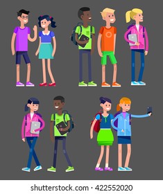 Vector detailed character flat design children students boy and girl. Kids  smiling holding Gadgets and backpacks. Primary or elementary school