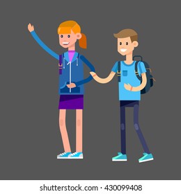 Vector detailed character flat design children students boy and girl. Kids  smiling holding Gadgets and backpacks. Primary or elementary school
